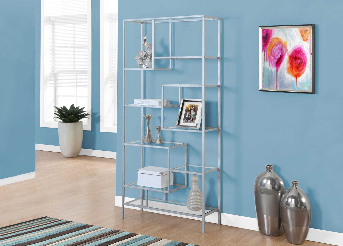 ETAGERE - 72"H / METAL ARGENT ET VERRE TREMPE