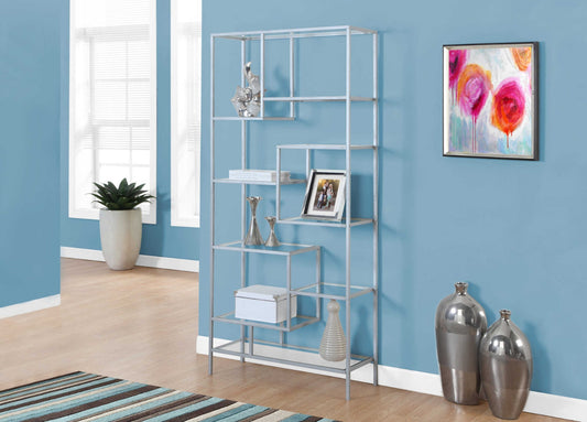 ETAGERE - 72"H / METAL ARGENT ET VERRE TREMPE